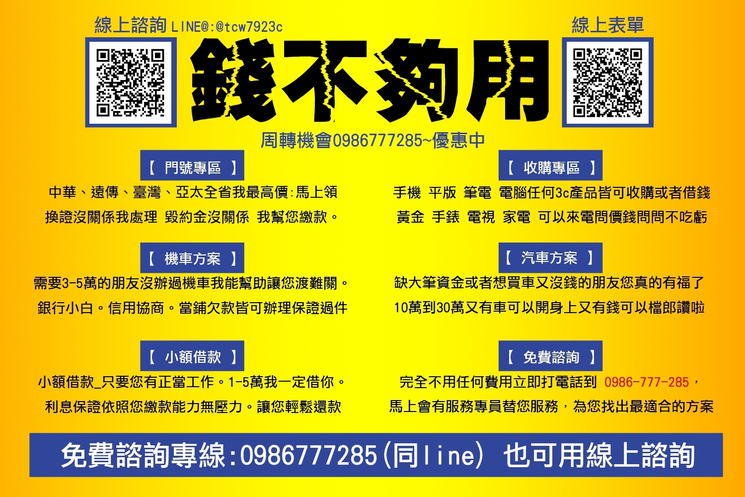 有無工作都可以來申辦 都有替您量身打造的方案!!! 洽 0986777285 錢總監 合法專業 20年老店 實體店面經營 北中南到府服務 專車接送   - 20170105212155-623296587.jpg(圖)